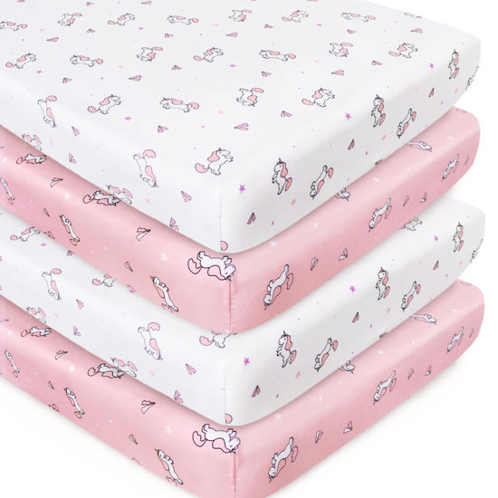 Picture of Crib Sheets Girl 4-Pack, Fitted Crib Sheets 52'' x 28'' for Standard Crib & Toddler Mattress, Soft and Breathable Material, Baby Girl Crib Sheets Neutral, Pink