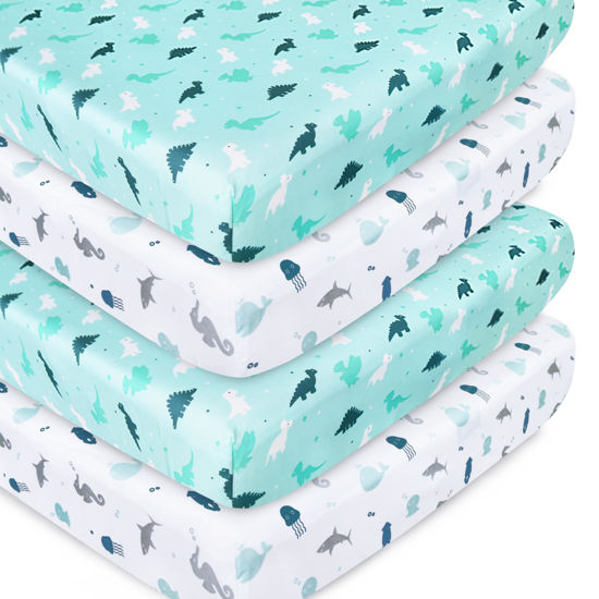 Picture of Crib Sheets for Boys or Girls 4-Pack, Fitted Crib Sheet 52'' x 28'' for Standard Crib & Toddler Mattress, Soft and Breathable Material, Baby Crib Sheets Neutral, Aqua