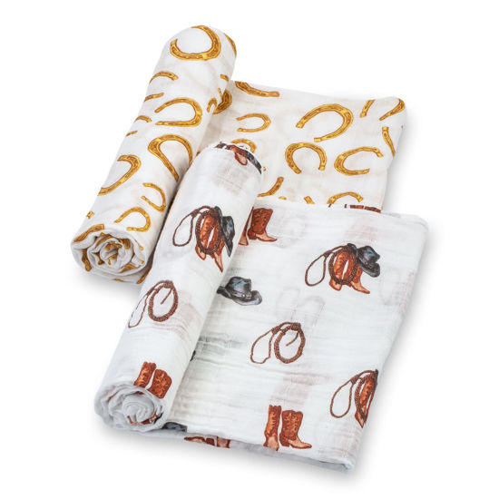 Picture of LollyBanks Swaddle Blanket | 100% Muslin Cotton | Gender Neutral Newborn and Baby Nursery Essentials for Girls and Boys, Registry | Cowboy Boot and Horseshoe 2 Pack