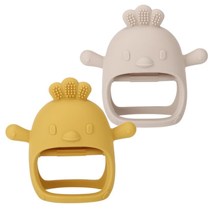 Picture of Socub 2 Pack Silicone Baby Teether Toys for Infants 3+ Months, BPA Free Anti-Drop Silicone Mitten Teething Toy for Soothing Sore Gums, Baby Chew Toys for Sucking Needs, Beige, Mango