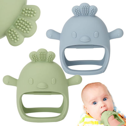 Picture of Socub 2 Pack Silicone Baby Teether Toys for Infants 3+ Months, BPA Free Anti-Drop Silicone Mitten Teething Toy for Soothing Sore Gums, Baby Chew Toys for Sucking Needs, Olive, Dusty Blue