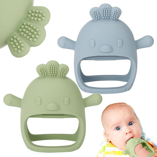 Picture of Socub 2 Pack Silicone Baby Teether Toys for Infants 3+ Months, BPA Free Anti-Drop Silicone Mitten Teething Toy for Soothing Sore Gums, Baby Chew Toys for Sucking Needs, Olive, Dusty Blue