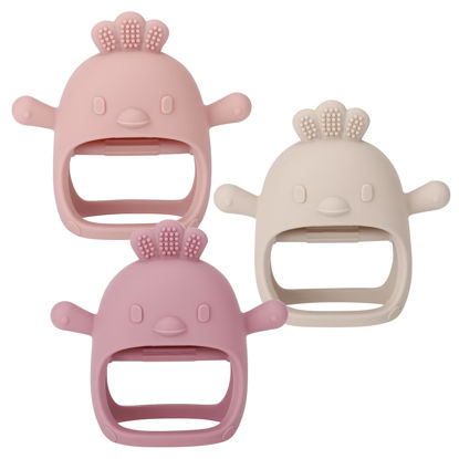 Picture of Socub 3 Pack Silicone Baby Teether Toys for Infants 3+ Months, BPA Free Anti-Drop Silicone Mitten Teething Toy for Soothing Sore Gums, Baby Chew Toys for Sucking Needs, Rose Pink,Dark Pink,Beige