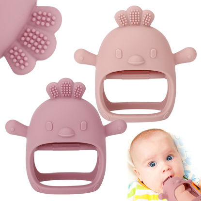 Picture of Socub 2 Pack Silicone Baby Teether Toys for Infants 3+ Months, BPA Free Anti-Drop Silicone Mitten Teething Toy for Soothing Sore Gums, Baby Chew Toys for Sucking Needs, Rose Pink, Dark Pink