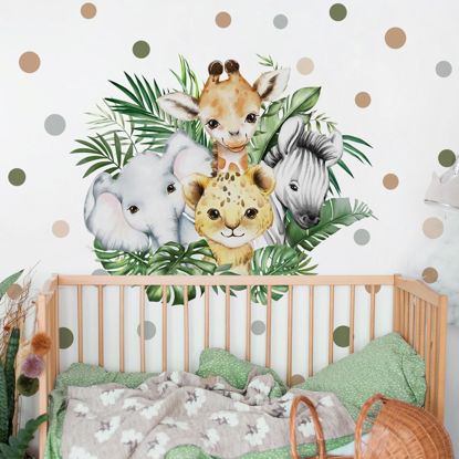 Picture of 37.95x33.13 Inch Watercolor Jungle Animal Wall Decal Forest Animal Tiger Elephant Giraffe Zebra Wall Sticker Removable Safari Animal Wall Decal for Baby Nursery Playroom Bedroom Classroom Wall Decor