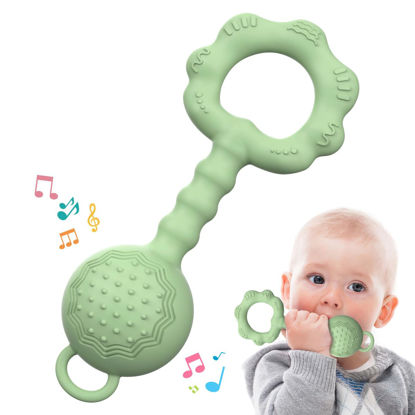 Picture of Teethers for Babies 6-12 Months, Baby Rattles 0-6 Months, 2-in-1 Rattle and Teether Toy for Soothing Sore Gums and Keeps Little Ones Entertained, Food Grade Silicone, Green