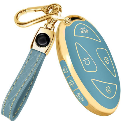 Picture of Lucrum for Hyundai IONIQ 6 Key Fob Cover and Leather Keychain, Full Cover Key Case for Hyundai Grandeur GN7, KONA, Santa Fe, Elantra - 2022-2024 TPU Keyfob Cover for NYOMBEC7FOB2208 - Blue and Gold