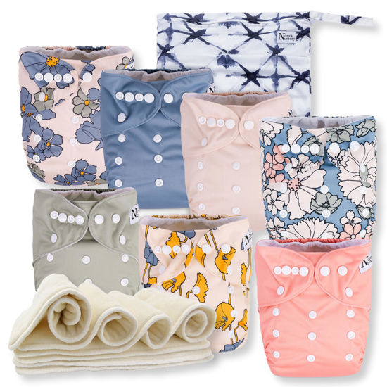 Picture of Nora's Nursery Cloth Diapers 7 Pack with 7 Inserts & 1 Wet Bag - Waterproof Cover, Washable, Reusable & One Size Adjustable Pocket Diapers for Newborns and Toddlers - Delilah