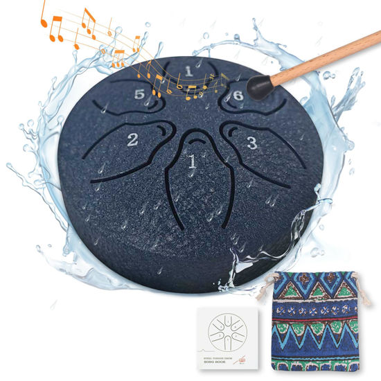 Picture of Rain drum for outside, 3 inches 6 Notes Steel Tongue Musical Instrument Drum Rain Chime, Rain drum for garden instrumental,chakra drum kit with music book(Navy Blue)