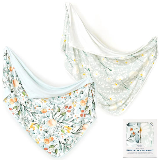 Picture of GRSSDER Baby Blankets Super Soft Jersey Knit Swaddle Blanket 2 Pack for Baby Girls and Boys, Double Layer Receiving Blankets 34 x 44 Inches Extra Large for Baby Show Gift, Fruit & Daisy