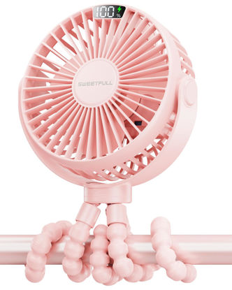Picture of SWEETFULL Portable Stroller Fan, with Display 4000mAh Battery Powered Mini Clip On Fan, 4-Speed Rechargeable Small Personal Fan Handheld Desk Cooling Fan for Baby Car Seat Crib Travel Pink