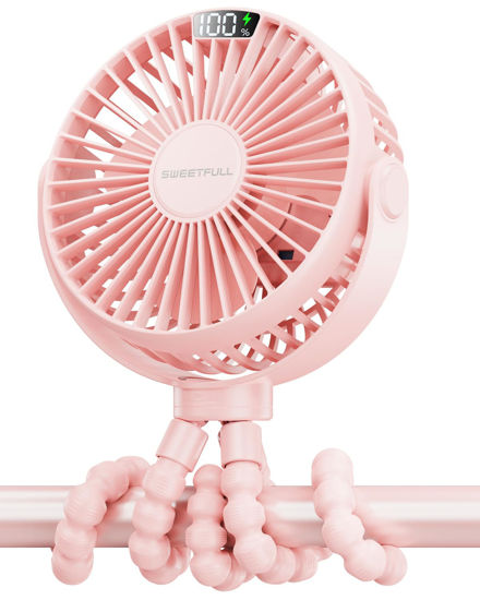 Picture of SWEETFULL Portable Stroller Fan, with Display 4000mAh Battery Powered Mini Clip On Fan, 4-Speed Rechargeable Small Personal Fan Handheld Desk Cooling Fan for Baby Car Seat Crib Travel Pink