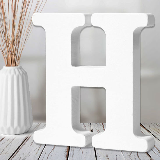 Picture of AOCEAN 6 Inch White Wood Letters Unfinished Wood Letters for Wall Decor Decorative Standing Letters Slices Sign Board Decoration for Craft Home Party Projects (H)