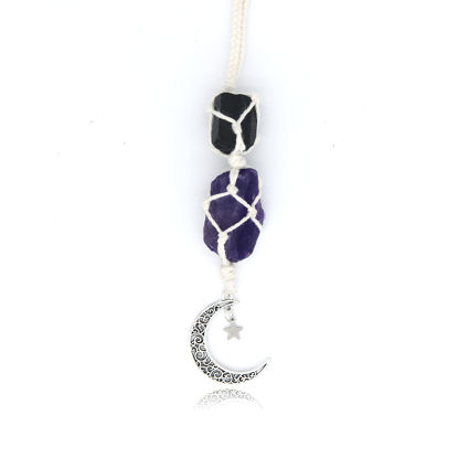 Picture of BOHO GARDEN Hanging Car Charm - Black Tourmaline, Amethyst - Dangling Moon, Healing Crystal Accessories, Rearview Mirror Decorations - Grounding, Confidence, Protection, Balance, Energy, Spirituality