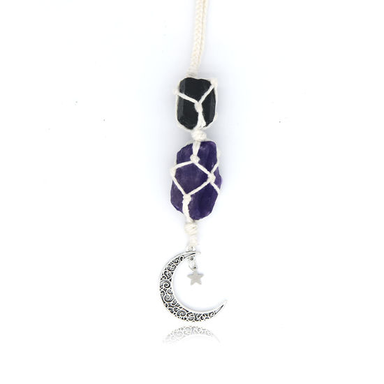 Picture of BOHO GARDEN Hanging Car Charm - Black Tourmaline, Amethyst - Dangling Moon, Healing Crystal Accessories, Rearview Mirror Decorations - Grounding, Confidence, Protection, Balance, Energy, Spirituality