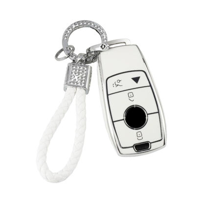 Picture of PIFOOG White Key Fob Cover for Mercedes Benz GLC GLE GLA GLB GLS A C E G S AMG Class Accessories Soft TPU Car Smart Keys Case Bling Keychain Full Protection Girly Women