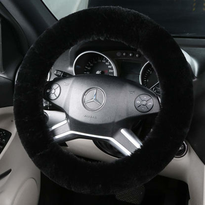 Picture of Fluffy Wool Sheepskin Fuzzy Black Car Steering Wheel Cover for Universal Auto Steering Wheel 14 1/2-15 1/2inch, Anti-Slip, Soft Plush, Comforting and Luxurious, Soft Texture (Black)