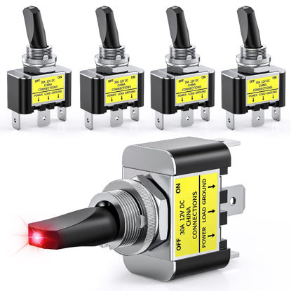 Picture of Nilight 5PCS LED Toggle Switch ON Off 12V 30A Red LED Lighted Metal Switch Heavy Duty SPST 3 Pin Rocker Switch 12mm Mounting Hole for Automotive Cars Trucks Boats Racing Cars