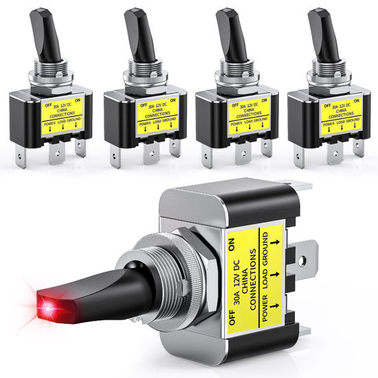 Picture of Nilight 5PCS LED Toggle Switch ON Off 12V 30A Red LED Lighted Metal Switch Heavy Duty SPST 3 Pin Rocker Switch 12mm Mounting Hole for Automotive Cars Trucks Boats Racing Cars
