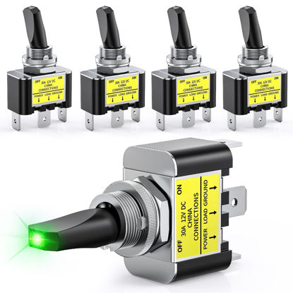 Picture of Nilight 5PCS LED Toggle Switch ON Off 12V 30A Green LED Lighted Metal Switch Heavy Duty SPST 3 Pin Rocker Switch 12mm Mounting Hole for Automotive Cars Trucks Boats Racing Cars