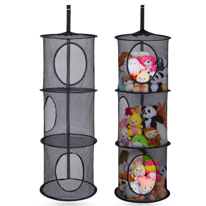 Picture of Basumee Stuffed Animals Net or Hammock 2 Pcs Stuffed Animals Storage Toy Net Hammock for Stuffed Animals Organizer Mesh Hammock Kids Girls Room Decor, Black, 3 Tiers