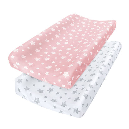 Picture of Changing Pad Cover for Girls 2 Pack, Lovely Print Soft Unisex Diaper Change Table Sheets, Fit 32"x16" Contoured Pad, Comfy Cozy 2-Pack Cradle Sheets, Pink&White