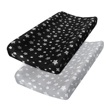 Picture of Changing Pad Cover for Boys Girls 2 Pack, Lovely Print Soft Unisex Diaper Change Table Sheets, Fit 32"x16" Contoured Pad, Comfy Cozy 2-Pack Cradle Sheets, Grey & Black