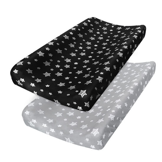 Picture of Changing Pad Cover for Boys Girls 2 Pack, Lovely Print Soft Unisex Diaper Change Table Sheets, Fit 32"x16" Contoured Pad, Comfy Cozy 2-Pack Cradle Sheets, Grey & Black