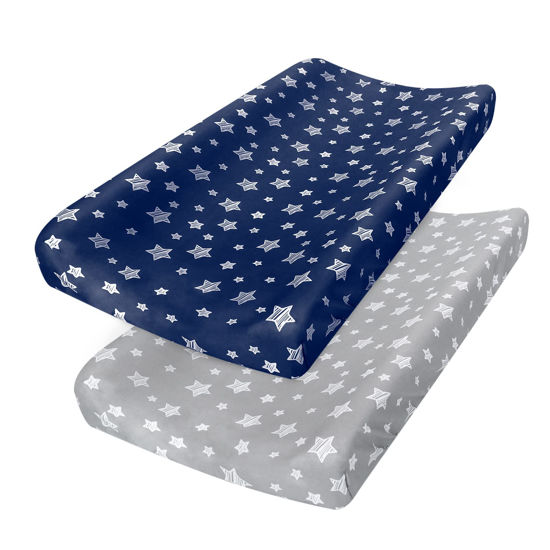 Picture of Changing Pad Cover for Boys Girls 2 Pack, Lovely Print Soft Unisex Diaper Change Table Sheets, Fit 32"x16" Contoured Pad, Comfy Cozy 2-Pack Cradle Sheets, Grey & Navy
