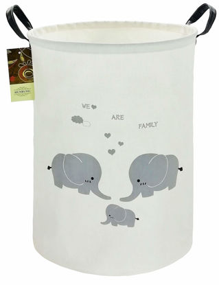 Picture of HUNRUNG Laundry Hamper,Large Canvas Fabric Lightweight Storage Basket Toy Organizer Dirty Clothes Collapsible Waterproof for College Dorms, Children Bedroom,Bathroom（Round-Family Elephants）