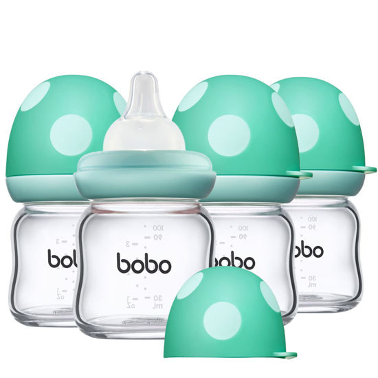 Picture of YOHKOH Natural Glass Baby Bottle with Natural Response Nipple, Newborn Anti-Colic Baby Bottles, Wide Neck Mushroom Cap Baby Bottle, Clear (3.4oz (Pack of 4), Blue)