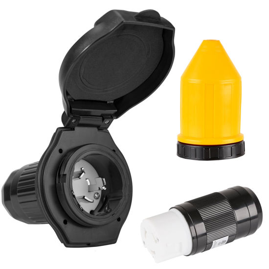 Picture of Ficstar 50 AMP RV Power Inlet Receptacle Power Plug 125/250V,Female Twist Locking Connector with Weatherproof Cover Boot Kit for RV Trailer Boat Caravan Camper,NEMA SS2-50P Black Plug