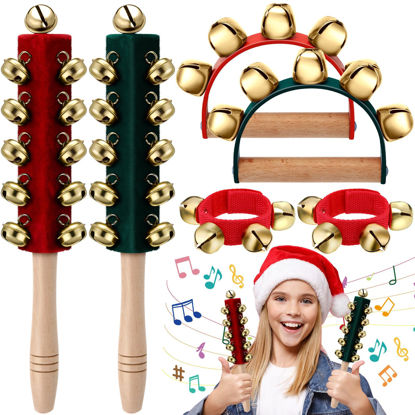Picture of Boao 6 Pcs Christmas Hand Jingle Bells Wooden Handle Sleigh Bells Wrist Band Bells Sleigh Bells Instrument Shaker Rattle Musical Percussion for Xmas Party Favors(Red and Green)