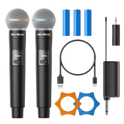 Picture of Wireless Microphone, Rechargeable Dual Cordless Handheld Dynamic Wireless Mics,NEWBAXS Karaoke Microphones with 1/4'' Output for Karaoke, Meeting, Singing, Church, Wedding