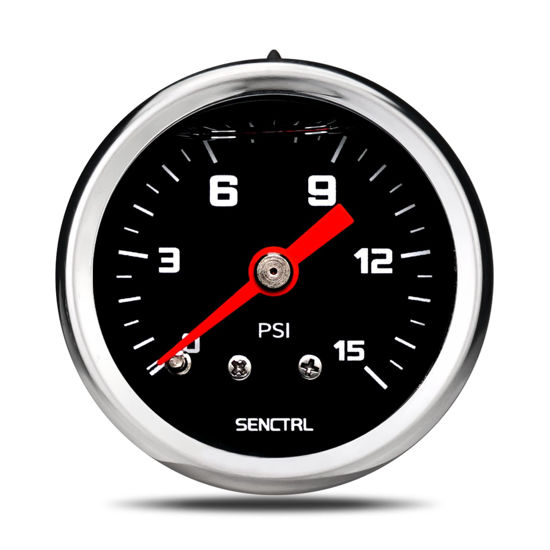 Picture of SENCTRL 0-15 Psi Fuel Pressure Gauge, 1-1/2" Black Dial, 1/8" NPT Back Mount, Silicone Oil Liquid Filled, Stainless Steel Case, Inline Low Pressure Gauge, for Water Oil Pressure Test