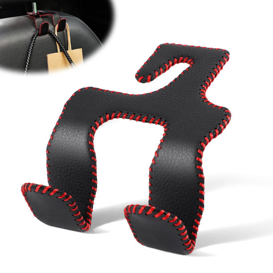 Picture of LivTee Upgraded Superior Leather Car Seat Back Headrest Hook, 2 in 1 Auto Seat Hook Hangers Holder Organization Interior Accessories for Purses Coats Umbrellas Grocery Bags Handbag (Black/Red)