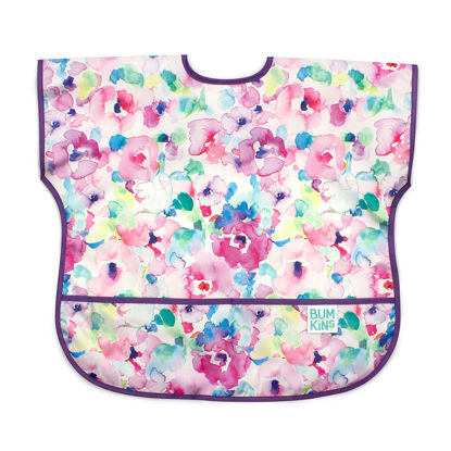 Picture of Bumkins Short Sleeve Bib for Girl or Boy, Toddler and Kids for 1-3 Years, Large Size, Essential Must Have for Junior Children, Eating, Mess Saving Soft Fabric Apron for Play, Watercolors Floral
