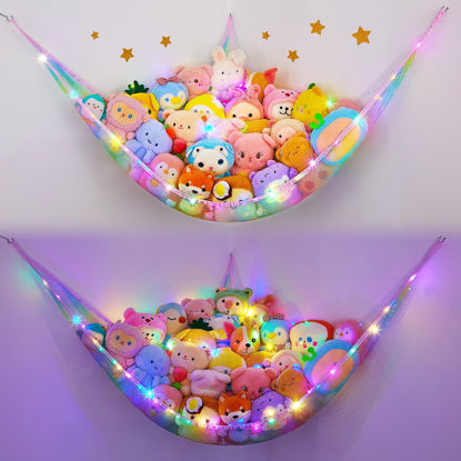 Picture of Unicorn Castle Stuffed Animal Net Hammock Kids Toy Storage with LED Light Plush Toy Organizer Corner Hanging Stuffed Animal Holder For Nursery Kids Girls Room Decor