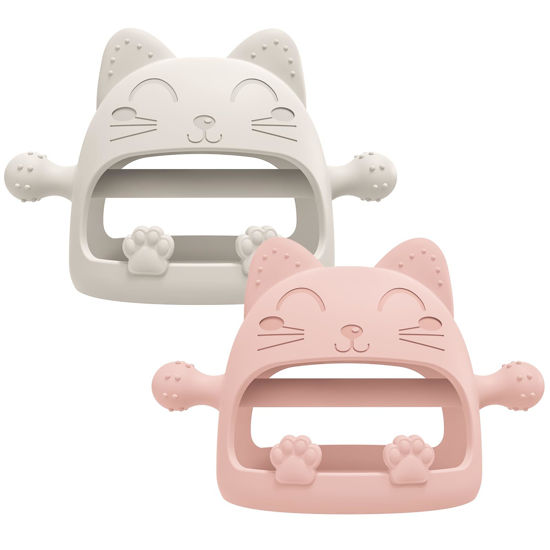 Picture of 2 Pack Baby Teether Toys,Silicone Teething Toys for Babies 0-6 Months,Never Drop Baby Chew Toys for Teething Relief, Teething Pacifiers,Baby Toys 0-6 Months,Ideal Gifts for Baby Shower（Cartoon Cat）