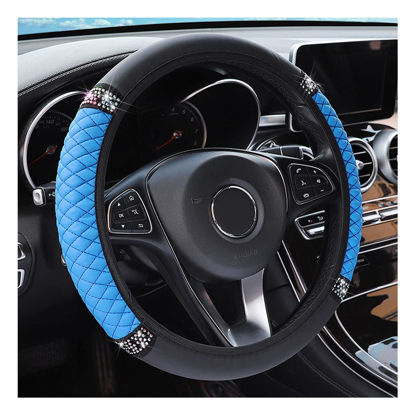 Picture of Bling Soft Leather Steering Wheel Cover, 15 Inch Colorful Rhinestones Auto Elastic Steering Wheel Protector, Sparkly Crystal Diamond for Women Girls, Car Accessories for Most Cars (Blue)