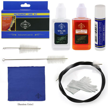 Picture of Trumpet/Cornet Cleaner Care Cleaning Kit,Maintenance Kit,Valve Oil,Tuning Slide Grease,Flexible Brush,Valve Brush,Mouthpiece Brush,Cork Grease,Cleaning Cloth and More(Random Color Cloths)
