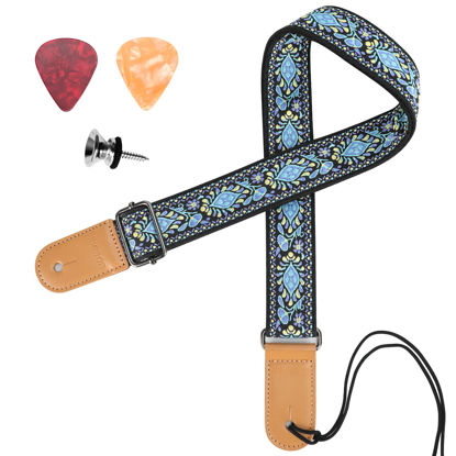 Picture of Ukulele Strap, IHOBOR Hawaiian Jacquard Blue Flower Ukelele Shoulder Strap, Suitable for Soprano Concert Tenor Baritone String Instruments