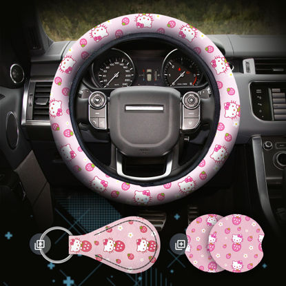 Picture of Hello Kitty Accessories Car, Strawberry Pink Wheel Cover, Y2K Car Accessories, Girly Steering Wheel Cover, Universal Fit 14.5-15 inch Auto SUV Vans Trucks, Anti-Slip Breathable and Sweat Absorption