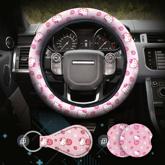 Picture of Hello Kitty Accessories Car, Strawberry Pink Wheel Cover, Y2K Car Accessories, Girly Steering Wheel Cover, Universal Fit 14.5-15 inch Auto SUV Vans Trucks, Anti-Slip Breathable and Sweat Absorption