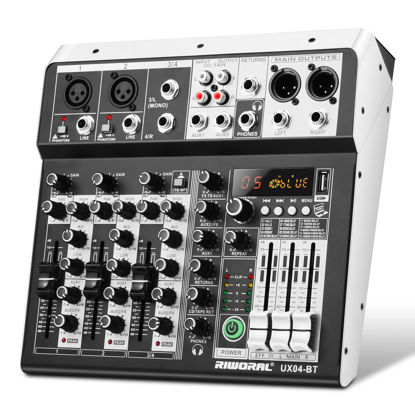 Picture of 4 Channel Audio Interfacer DJ Mixer Sound Board 16-Bit DSP Effect USB Audio Mixer Effects +48V Phantom Bluetooth for Karaoke Studio Streaming Recording,Live Streaming