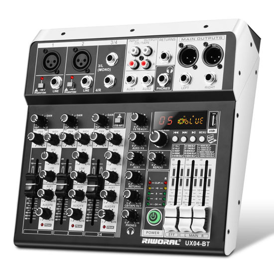 Picture of 4 Channel Audio Interfacer DJ Mixer Sound Board 16-Bit DSP Effect USB Audio Mixer Effects +48V Phantom Bluetooth for Karaoke Studio Streaming Recording,Live Streaming