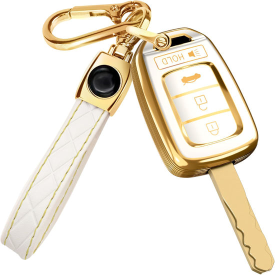 Picture of for Honda Civic Key Fob Cover and Leather Keychain - Full Cover Key Case for Honda Accord, CR-V SE, CRV LX, HR-V - 2014-2022 TPU Keyfob Cover Compatible with MLBHLIK6-1T - White and Gold