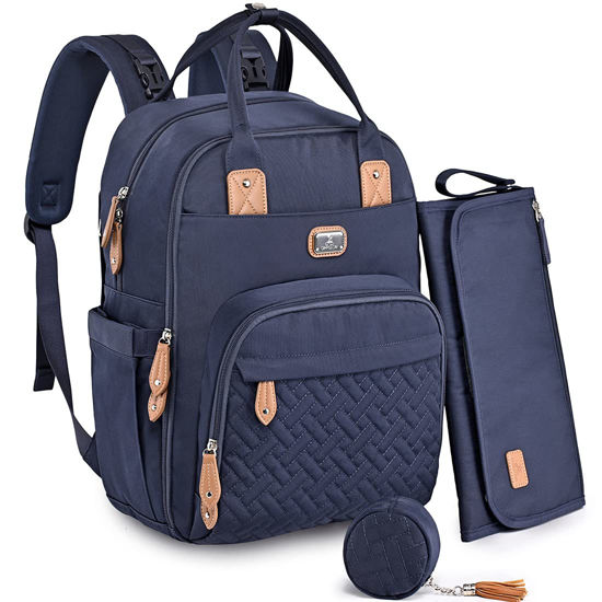 Picture of Dikaslon Diaper Bag Backpack with Portable Changing Pad, Pacifier Case and Stroller Straps, Large Unisex Baby Bags for Boys Girls, Multipurpose Travel Back Pack Moms Dads, Navy Blue