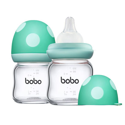 Picture of YOHKOH Natural Glass Baby Bottle with Natural Response Nipple, Newborn Anti-Colic Baby Bottles, Wide Neck Mushroom Cap Baby Bottle, Clear (3.4oz (Pack of 2), Blue)