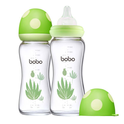 Picture of YOHKOH Natural Glass Baby Bottle with Natural Response Nipple, Newborn Anti-Colic Baby Bottles, Wide Neck Mushroom Cap Baby Bottle, Clear (Green, (8.8oz (Pack of 2))